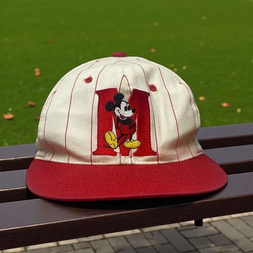 VTG Mickey Mouse Walt Disney Red Pin Stripe Baseball Hat Drew Pearson Co.